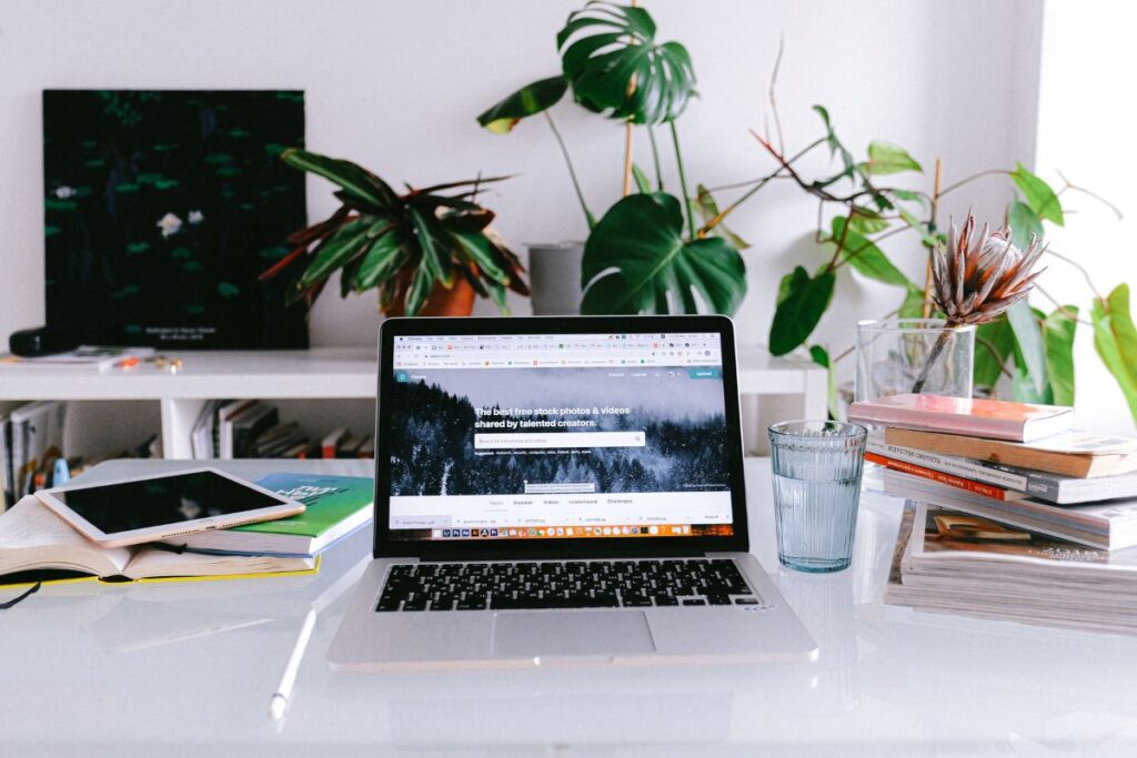 A plant-adorned desk displaying a laptop, perfect for content creators managing their taxes.